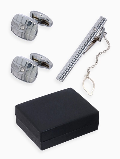 Набор мужской стальной «Запонки + Зажим для галстука» клетки, белый в серебре