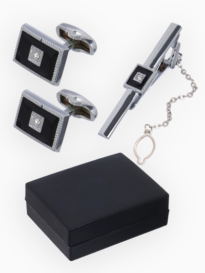 Набор мужской стальной «Запонки + Зажим для галстука» прямоугольник, чёрно-белый в серебре