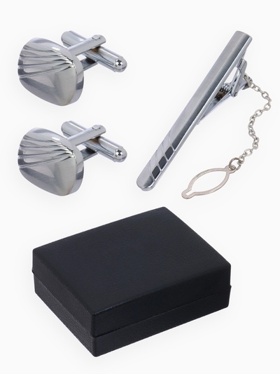 Набор мужской стальной «Запонки + Зажим для галстука» линии, цвет серебро