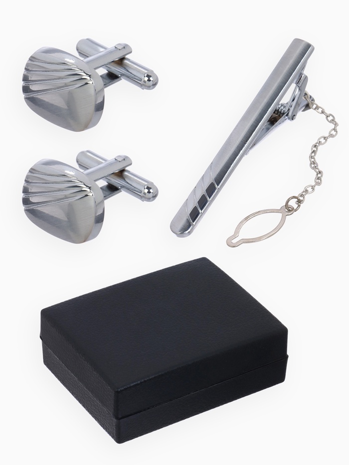 Набор мужской стальной «Запонки + Зажим для галстука» линии, цвет серебро - Фото 1