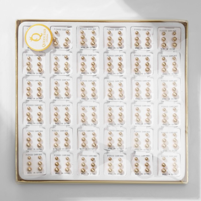 Пусеты в коробке 108 пар «Ассорти» бусины №3, 4, 5, цвет золото
