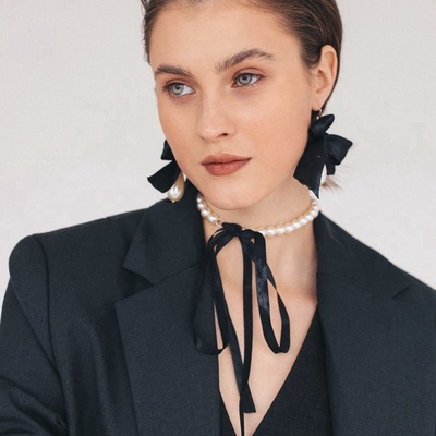 Бусы «Бантик» жемчужины с завязкой, L= 40 см, черный, белый