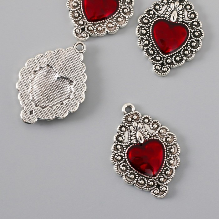 Декор для творчества металл "Красное сердце ажур" серебро эмаль 3,5х2,4 см