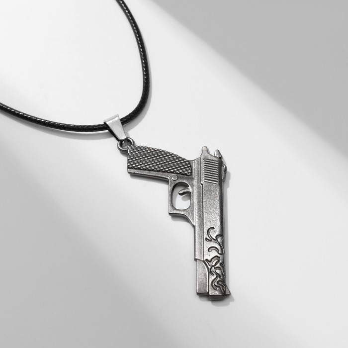 Кулон мужской "Пистолет" узор, цвет чернёное серебро на чёрном шнурке, 50 см