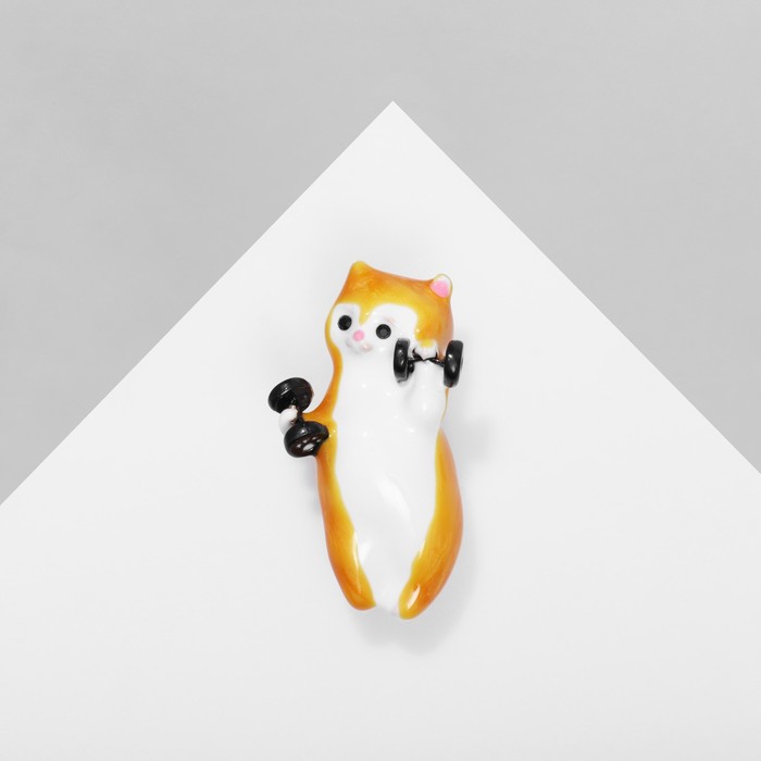 Брошь «Котик» с гантелями, цвет бело-оранжевый в золоте - Фото 1