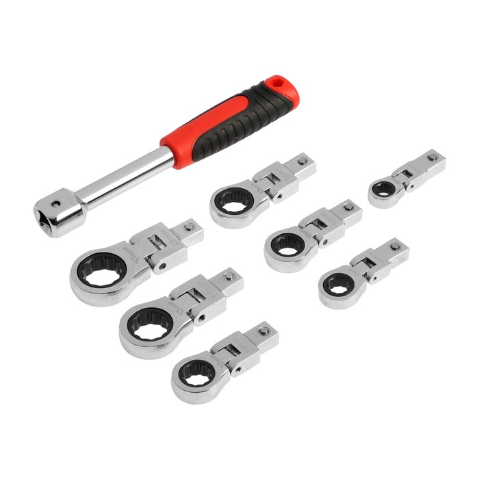 Набор трещоточных ключей ТУНДРА, CrV, сменные поворотные головки 8 - 19 мм, 72 зуба, 8 шт. - Фото 1