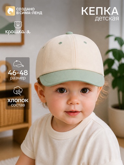 Кепка детская «Крошка Я», размер 46-48, бежевая, зелёная