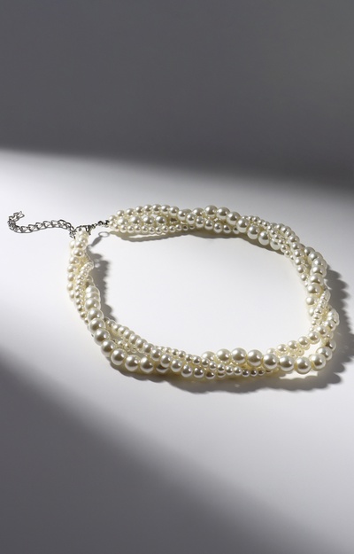 Бусы «Жгут» с жемчугом, 3 нити, бусины №4, 6, 8, цвет молочный в серебре, 38 см