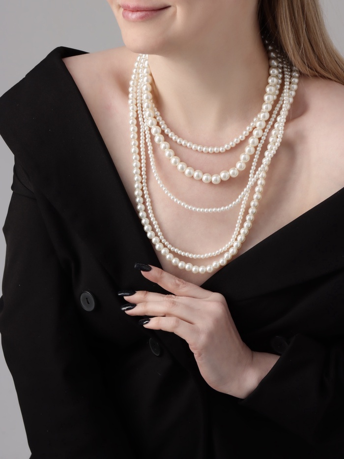 Бусы «Жемчуг» многоярусный 5 нитей, бусины №4, 6, 8, 10, цвет молочный в серебре, 70 см - Фото 1