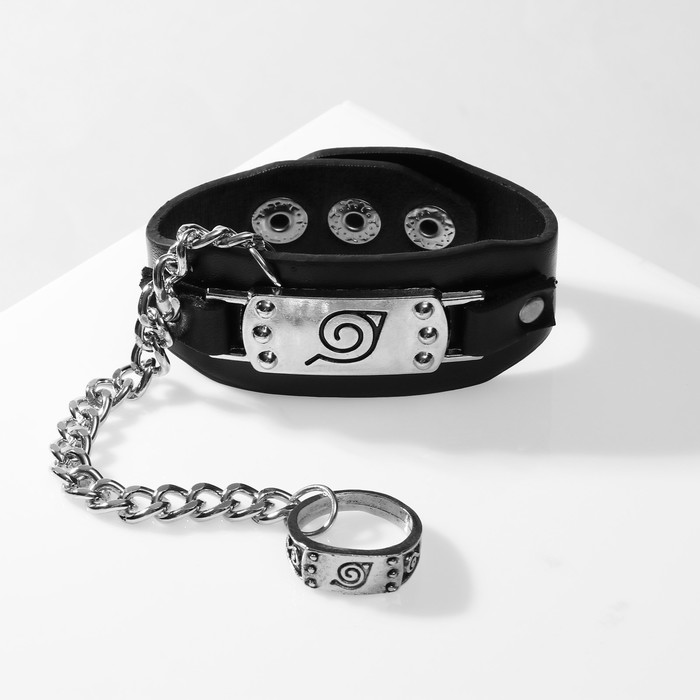 Браслет кожа «Япония» ниндзя листа, кольцо 18 размер, цвет серебряно-чёрный - Фото 1