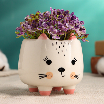 Горшок для цветов «Счастливый котик», 8×8×8 см, керамика, белый