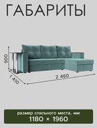 Диван угловой «Атланта Лайт», правый угол, механизм еврокнижка, велюр, цвет бирюзовый - Фото 2