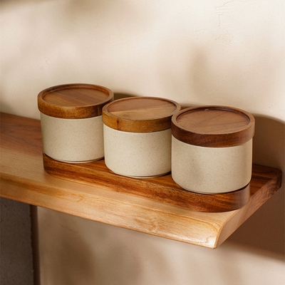 Набор банок для сыпучих продуктов на подставке SL Home «Стоун форест», 4 предмета: 3 банки 220 мл, подставка, керамика