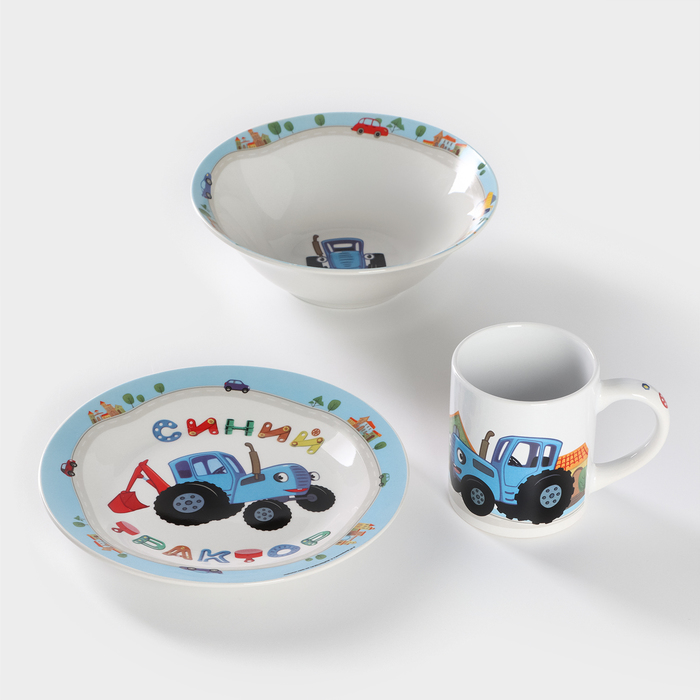 Набор детской посуды из керамики «Синий трактор», 3 предмета: кружка 240 мл, миска d=18 см, тарелка d=19 см - фото 1908095635
