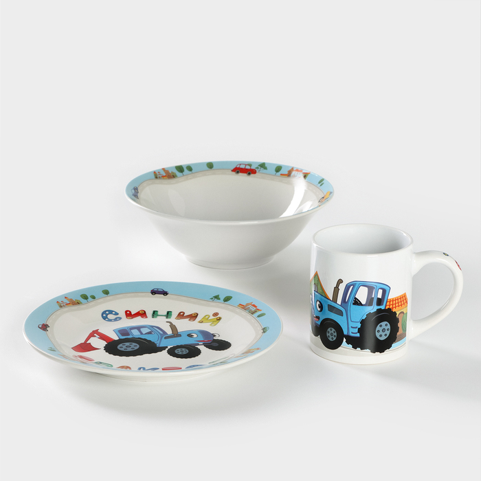 Набор детской посуды из керамики «Синий трактор», 3 предмета: кружка 240 мл, миска d=18 см, тарелка d=19 см - фото 1908095636