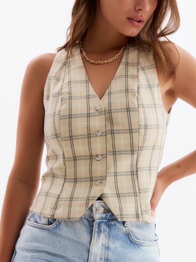 Жилет женский MINAKU: Casual Collection, принт бежевая клетка, размер 48