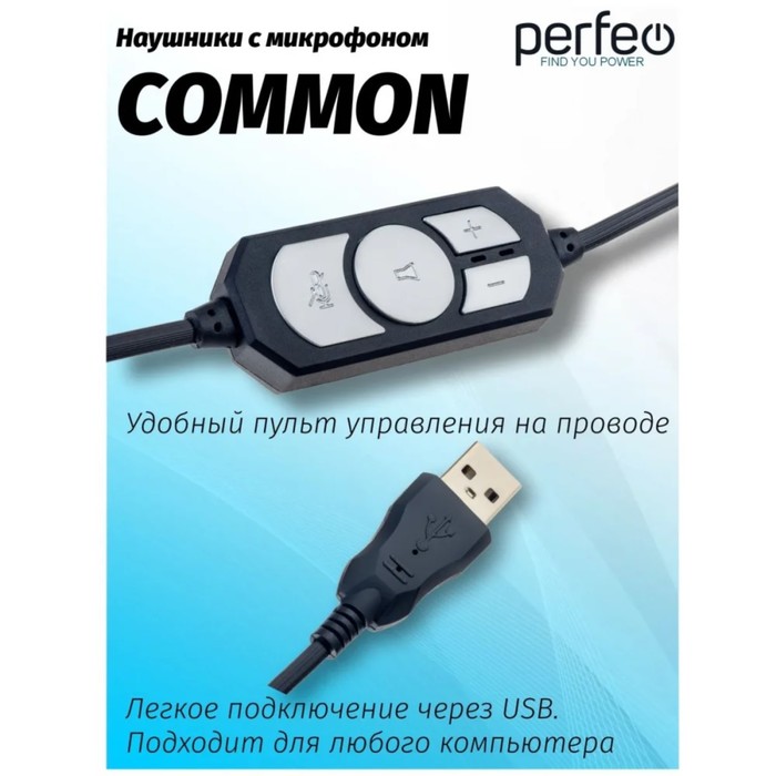 Наушники Perfeo COMMON, компьютерные, микрофон, 108 дБ, USB, 1.8 м, черные - фото 51539395