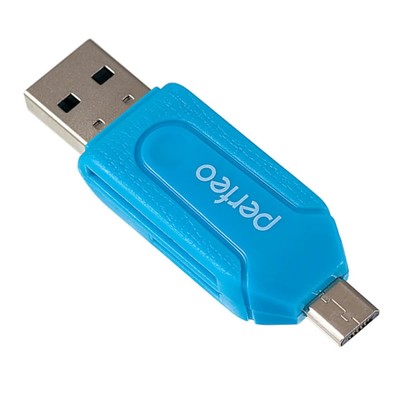 Кард-ридер OTG Perfeo PF-VI-O004, USB/Micro USB/Micro SD/MMC, синий