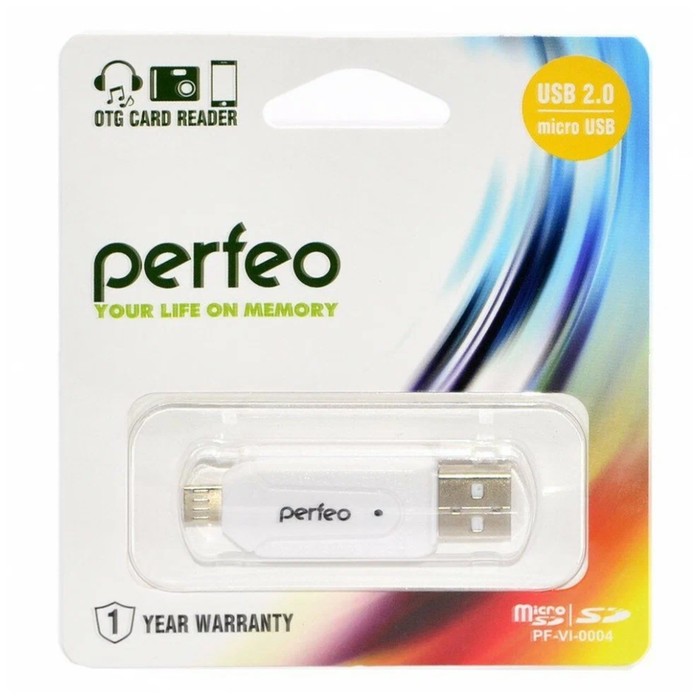 Кард-ридер OTG Perfeo PF-VI-O004, USB/Micro USB/Micro SD/MMC, белый