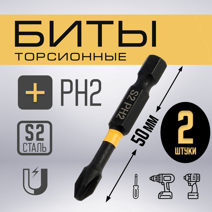 Биты ТУНДРА ПРОФИ, Torsion, сталь S2, PH2 х 50 мм, пвх-чехол, 2 шт. - Фото 1