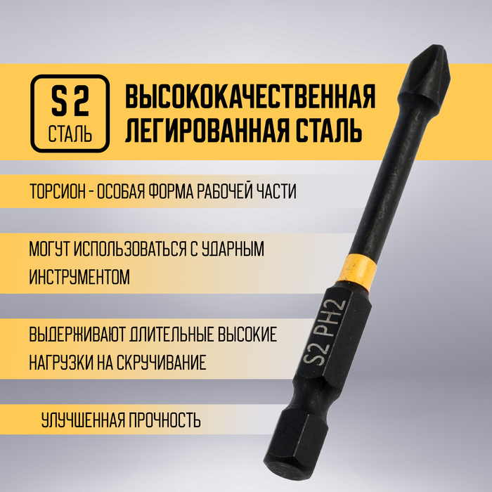 Бита ТУНДРА ПРОФИ, Torsion, сталь S2, PH2 х 65 мм, пвх-чехол - фото 18586851