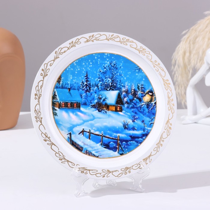Панно-тарелка «Зима», белая, D = 20 см, лаковая миниатюра