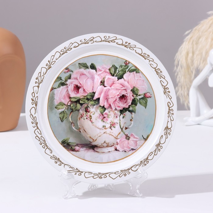 Тарелка «Ваза с розами», белая, D = 20 см, лаковая миниатюра