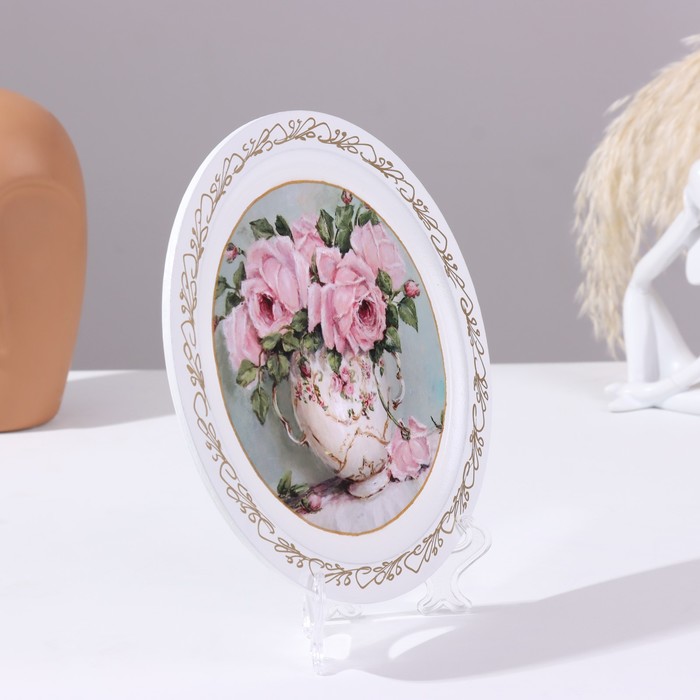 Тарелка «Ваза с розами», белая, D = 20 см, лаковая миниатюра