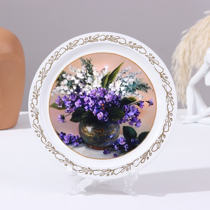 Панно-тарелка «Сирень в вазе», белая, D = 20 см, лаковая миниатюра