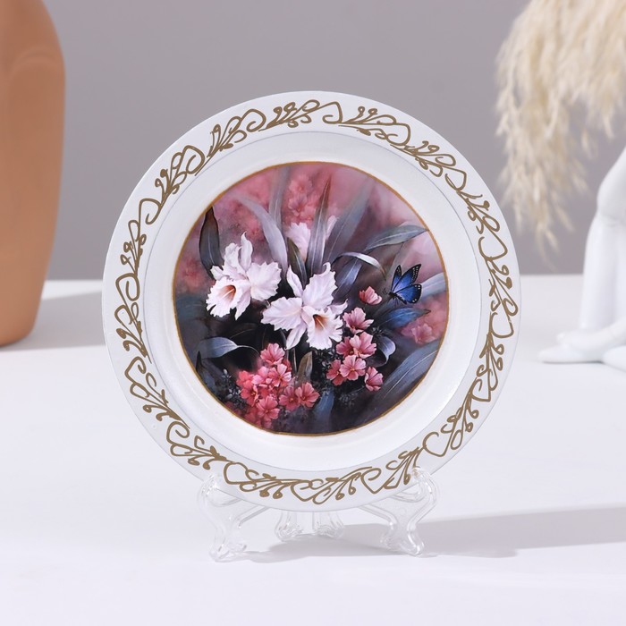 Панно-тарелка «Лилии», белая, D = 14,8 см, лаковая миниатюра - Фото 1