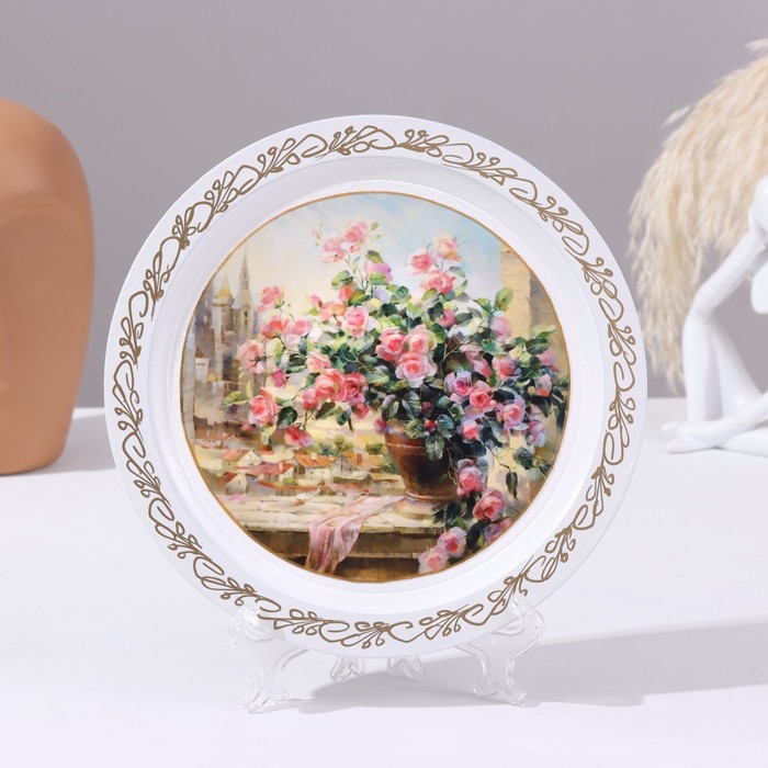 Панно-тарелка «Розы», белая, D = 20 см, лаковая миниатюра