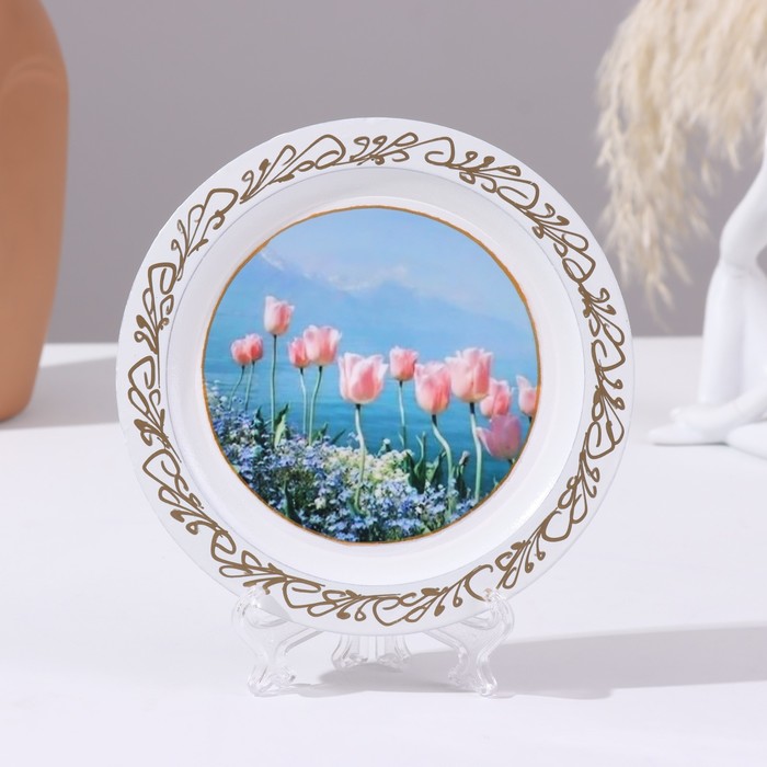 Панно-тарелка «Тюльпаны», белая, D = 14,8 см, лаковая миниатюра