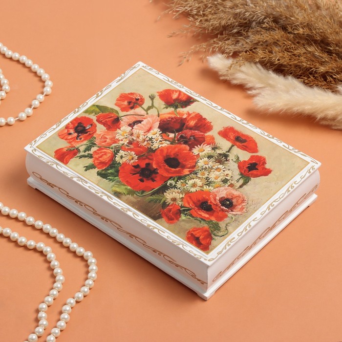 Шкатулка «Маки с ромашками», белая, 16 × 22 см, лаковая миниатюра - фото 1908097775