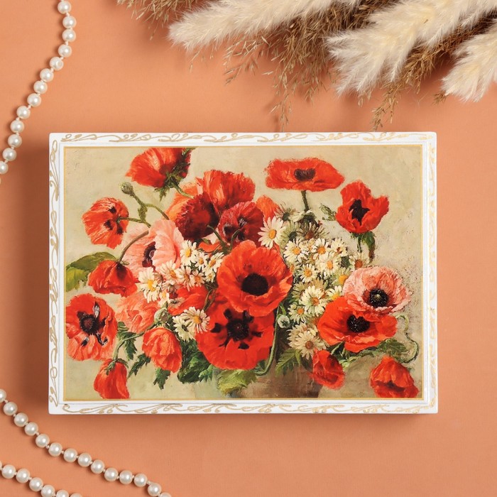 Шкатулка «Маки с ромашками», белая, 16 × 22 см, лаковая миниатюра - фото 1908097777