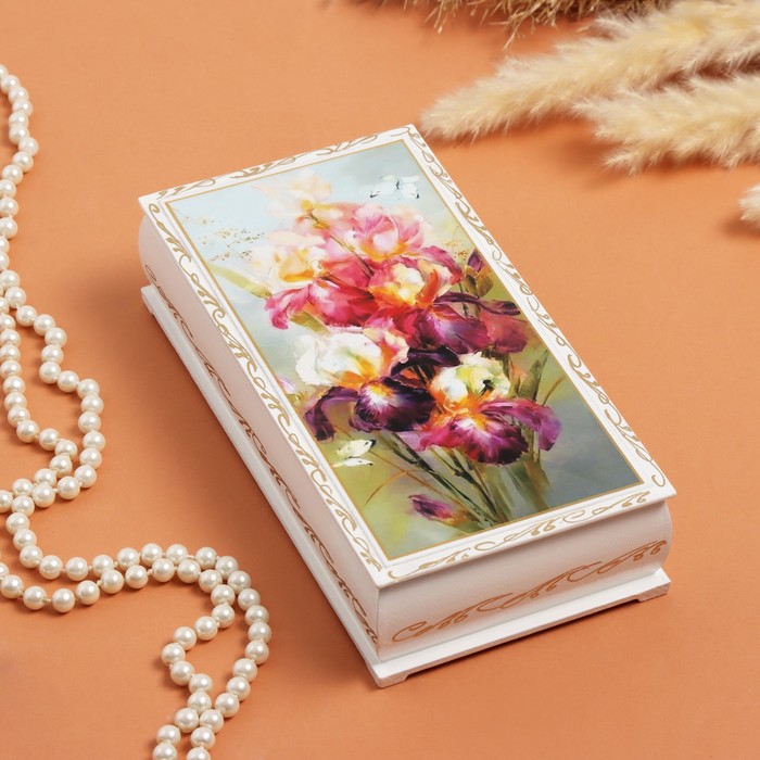 Шкатулка «Ирисы и бабочка», белая, 11 × 22 см, лаковая миниатюра - фото 1908097790