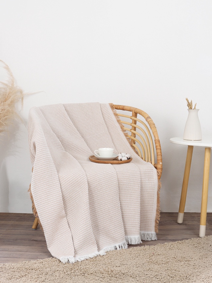 Плед с бахромой «Этель» Waffle, 130×180 см, бежевый - Фото 1