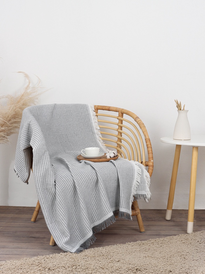 Плед с бахромой «Этель» Waffle, 130×180 см, серый - Фото 1