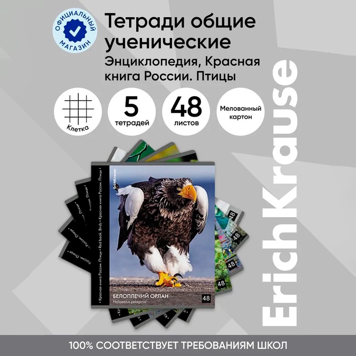 

Тетрадь 48 листов в клетку, ErichKrause "Красная книга России. Птицы", обложка мелованный картон, глянцевая ламинация, блок офсет 100% белизна, МИКС