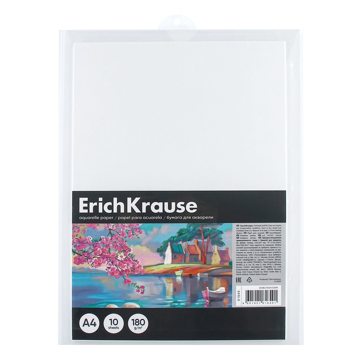 Бумага для акварели А4, 10 листов, ErichKrause Art Spirit, блок 180 г/м², 100% белизна, пластиковая папка - Фото 1