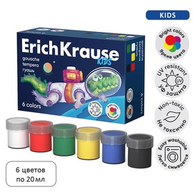 Гуашь 6 цветов х 20 мл, ErichKrause "Kids Space Animals", с УФ защитой яркости, в коробке