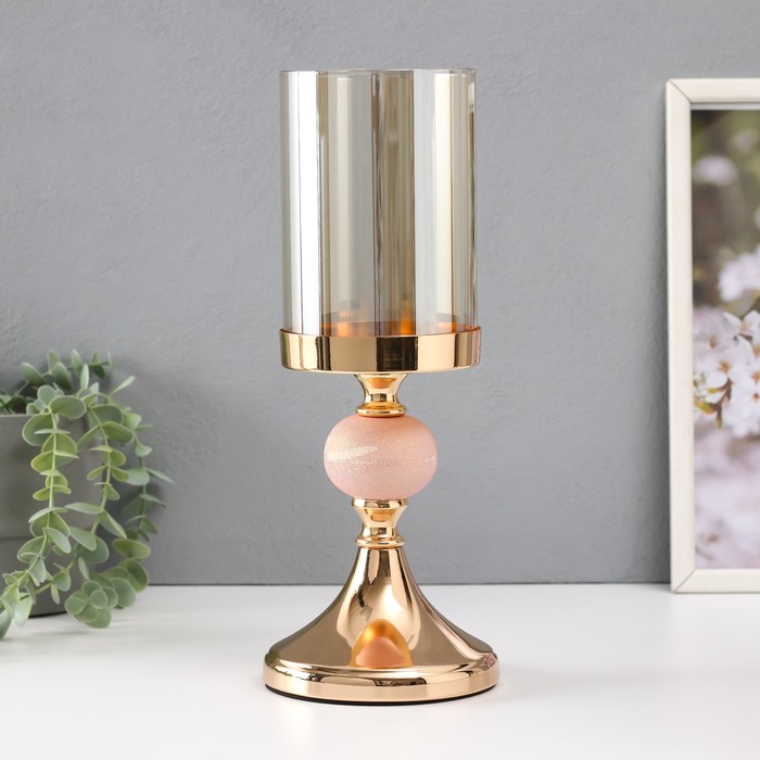 Подсвечник металл, стекло, пластик на 1 свечу "Селия" d=9,5 см розовый с золотом 12х12х28,5 см   101 - Фото 1
