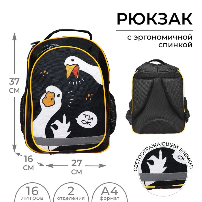 Рюкзак школьный, 37 х 27 х 16 см, эргономичная спинка, Calligrata Б "Гусь" - Фото 1
