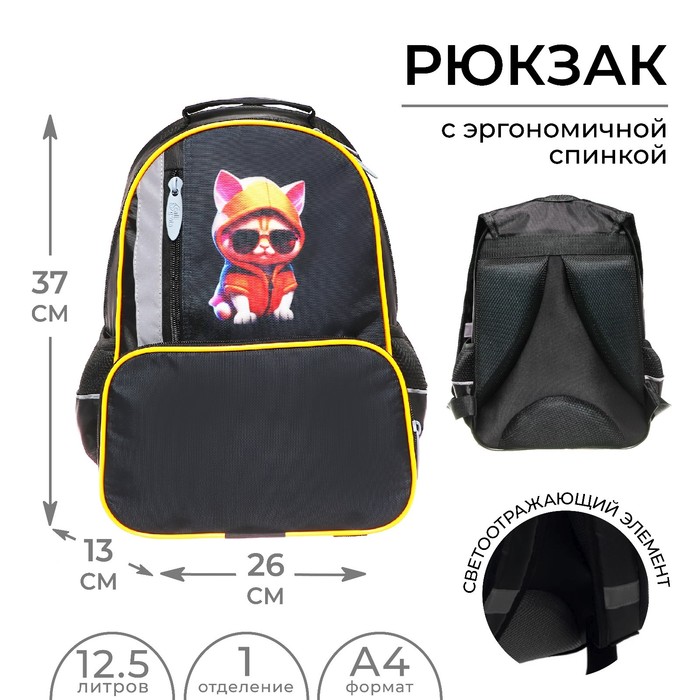 Рюкзак школьный, эргономичная спинка, 37×26×13 см «Крутой кот» - Фото 1