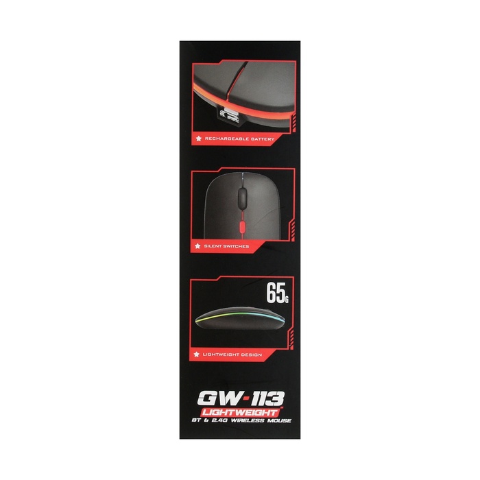 Мышь Xtrike Me GW-113, игровая, беспроводная, подсветка, 2.4G + BT, 400 мАч, чёрная