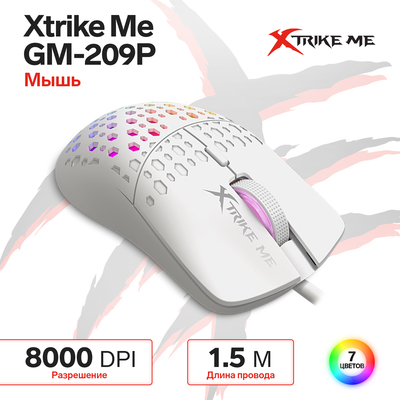 Мышь Xtrike Me GM-209W, игровая, проводная, подсветка, 8000 DPI, USB, 1.5 м, белая