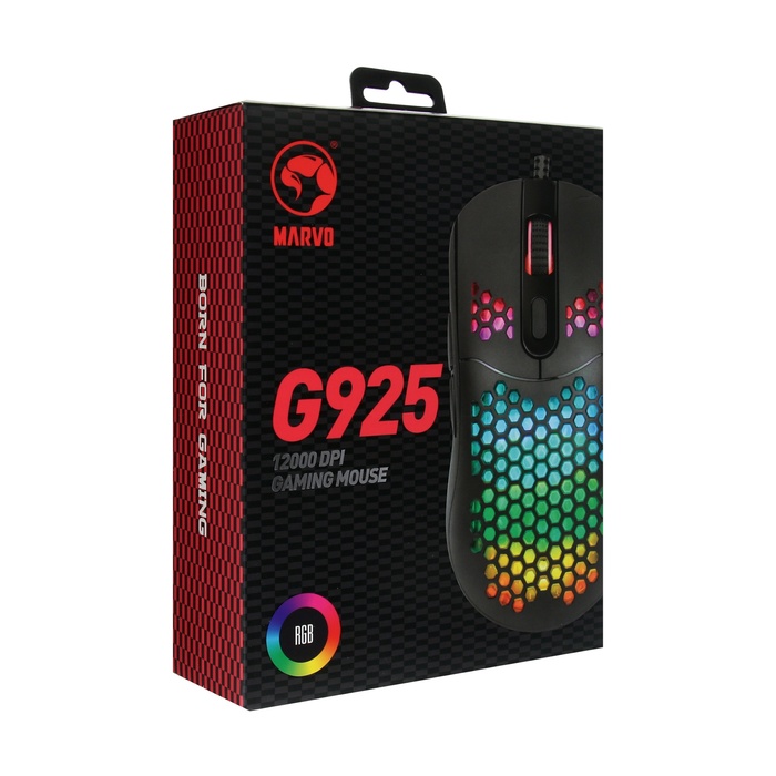 Мышь Marvo G925, игровая, проводная, оптическая, RGB, 12000 dpi, USB, 1.8 м, чёрная
