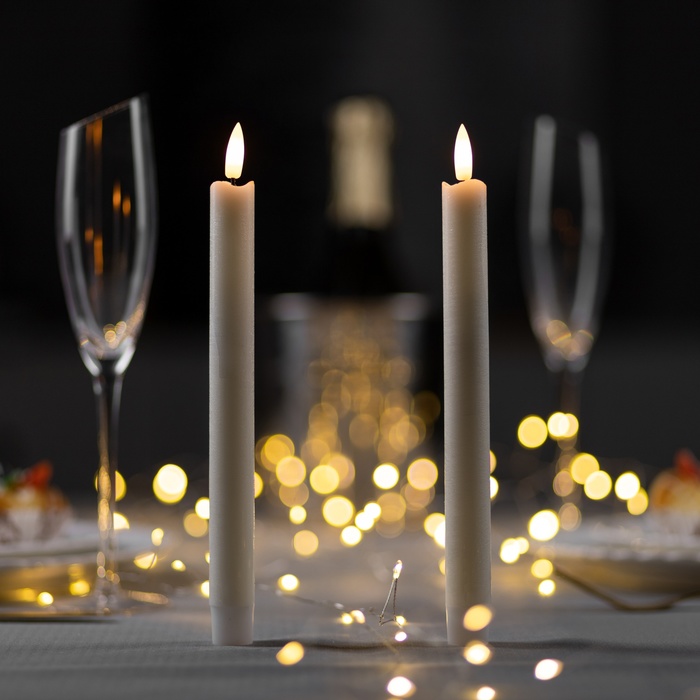 Набор светодиодных свечей, белые, 2 × 25 × 2 см, пластик, воск, батарейки АААх2 (не в комплекте), свечение тёплое белое, 2 шт. - фото 1908100836