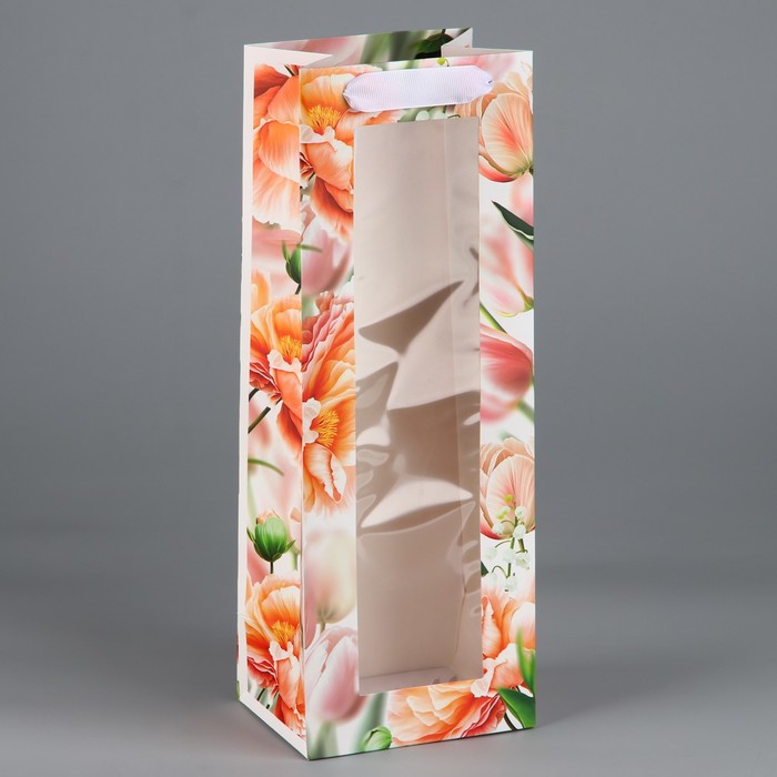 Пакет подарочный под бутылку, упаковка, «Цветы», 36 х 13 х 10 см - Фото 1