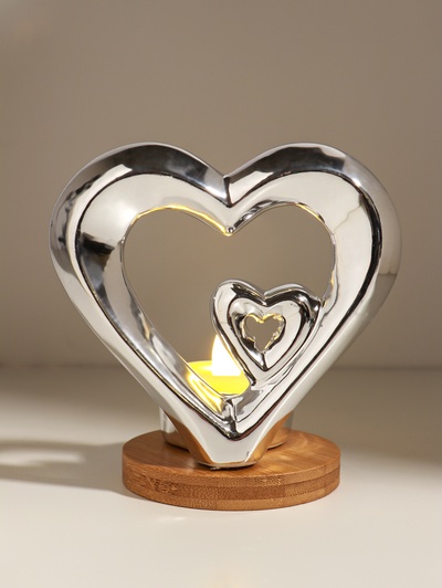 Подсвечник на 1 свечу «Два сердца», серебро, 11×8×12.5 см
