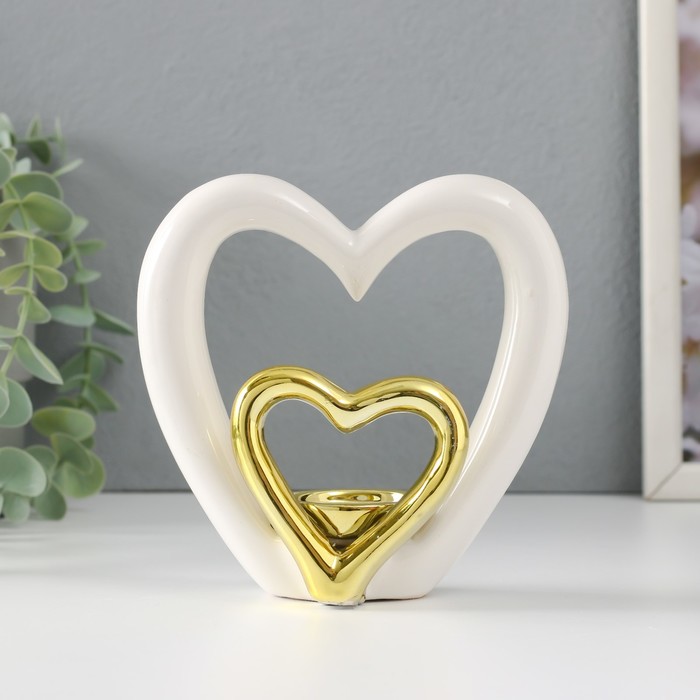 Подсвечник керамика на 1 свечу "Сердце в сердце" белое с золотом 12,7х5,5х12,2 см - Фото 1